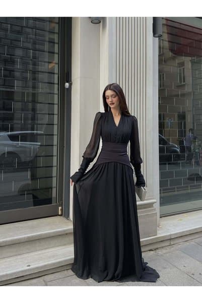 Klex Uzun Kollu Kuşaklı Şifon Uzun Boy Kadın Abiye Elbise 6030