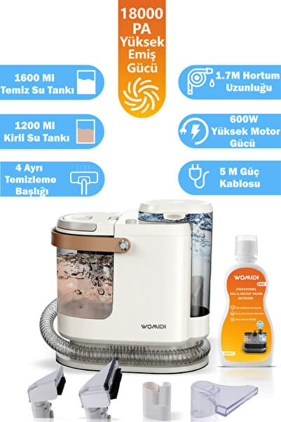 womidi Halı ve Koltuk Yıkama Makinesi 600W Güç 18.000 PA Emiş Gücü Leke Çıkartma Makinesi 4 Başlıklı