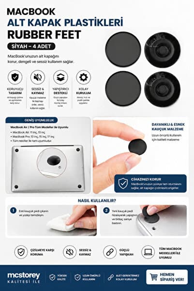 Mcstorey Macbook Air-Pro 11inc 13inc 15inc 17inc Alt Kapak Plastikleri Rubber Feet ile Uyumlu Siyah