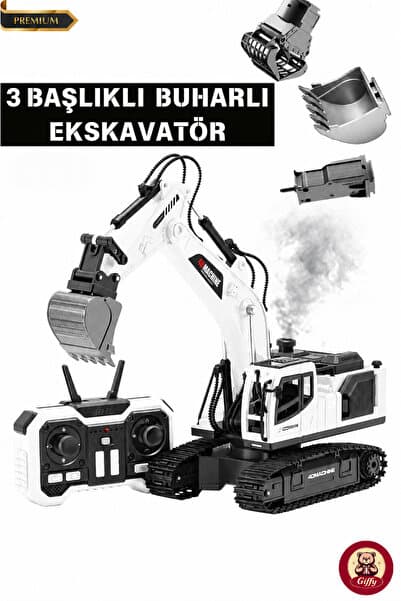 giffy Oyuncak Uzaktan Kumandalı Şarjlı Buharlı Ekskavatör 3 Başlıklı LED Işıklı Sesli 360° Dönen Paletli İş Makinesi