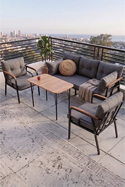 Canisa Ekon Serisi 1. Sınf 3+1+1 ve 1 Adet Orta Sehpa 2 Yastıklı Gri Bahçe Balkon Oturma Koltuk Takımı