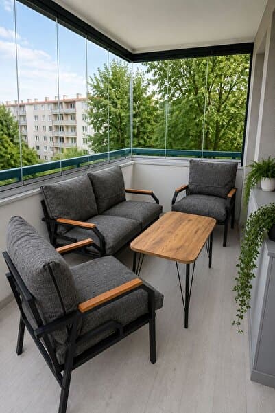 Dekoport Kutay Balkon Takımı, Bahçe Takımı, Çay Seti Koltuk Takımı, Metal Kanepe 2-1-1 50x80 Masalı Gri