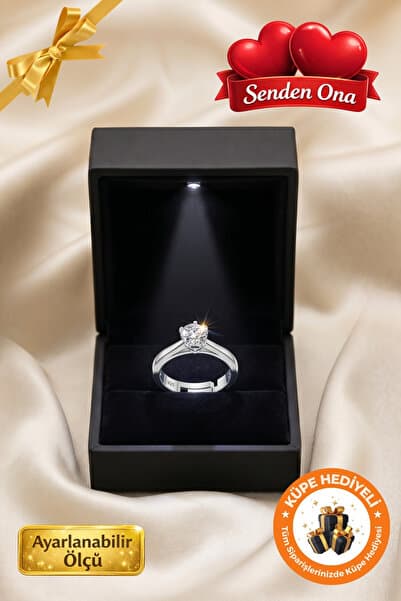 Lucente Jewellery Işıklı Kutulu Tektaş 925 Ayar Gümüş Kapl. Ayarlanabilir Nişan Evlenme Teklifi Işıltılı Pırlanta Yüzük