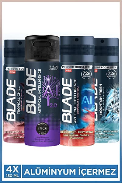 Blade Erkek Deodorant (Artificial Intelligence, Tropical Chill, Mountain Fresh) 4x150 Ml Leke Bırakmaz