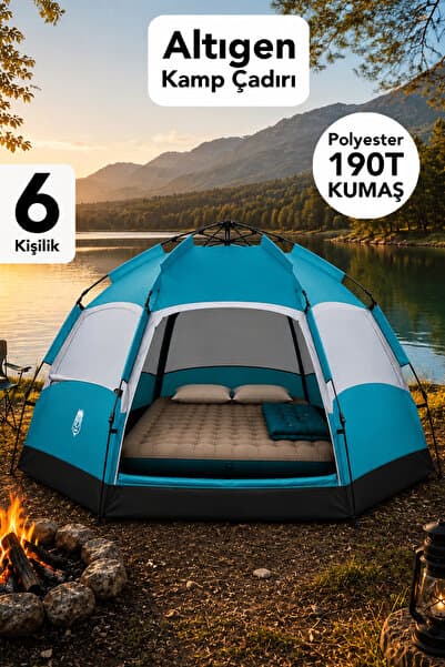 fischerone 6 Kişilik Outdoor Kamp Çadırı - Altıgen Model Polyester 190 T Su Geçirmez Kumaş Bahçe Kamp Çadırı