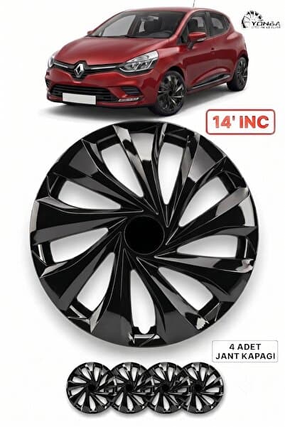YONGA OTO AKSESUAR RENAULT CLİO 2 Uyumlu 14 İnç Kırılmaz Jant Kapağı 4 Adet Piano Black + 4 Amblem + 8 Cırt Kelepçe