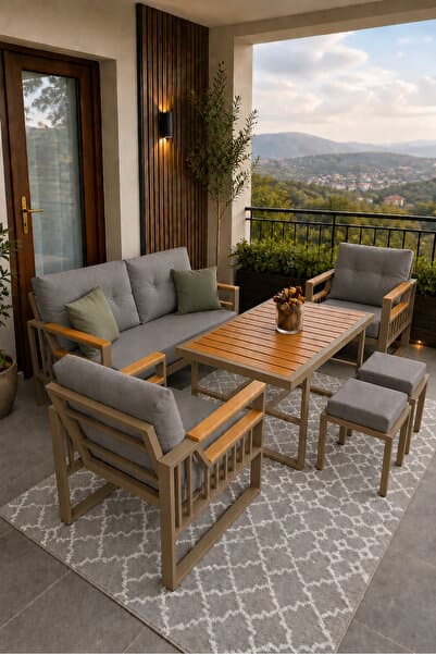 Rovena ESİNTİ Balkon Takımı,Cappuccino Bahçe Takımı 5+1 (Masa 70x110 2 lilü Koltuk 70x150 Tekli Koltuk 70x70)