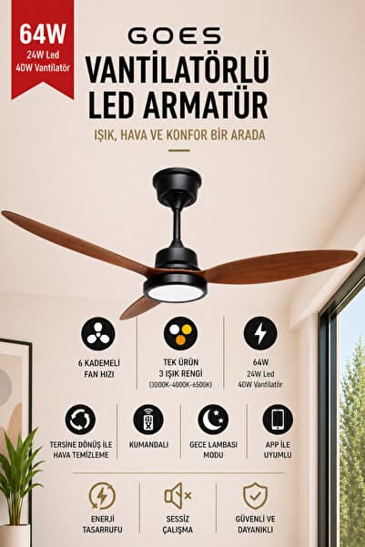 Goes Büyük Boy Tavan Vantilatörü LED Avize 132CM 65 Watt 6 Kademeli Kumandalı ve Telefon Uygulaması Kontrollü GVA-64