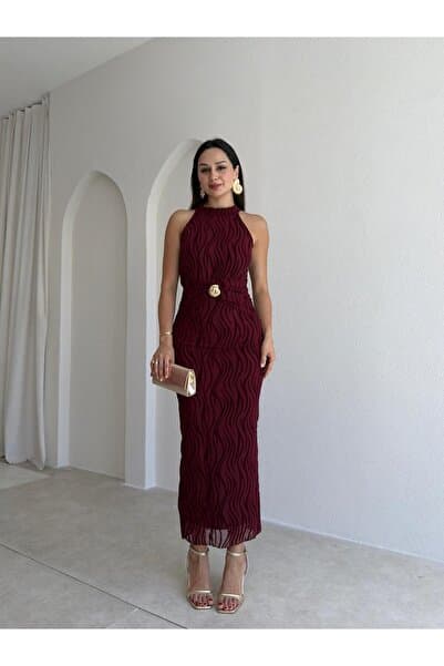 Mooi Butik WİSTERİA Simli Midi Elbise 8959 - Bordo