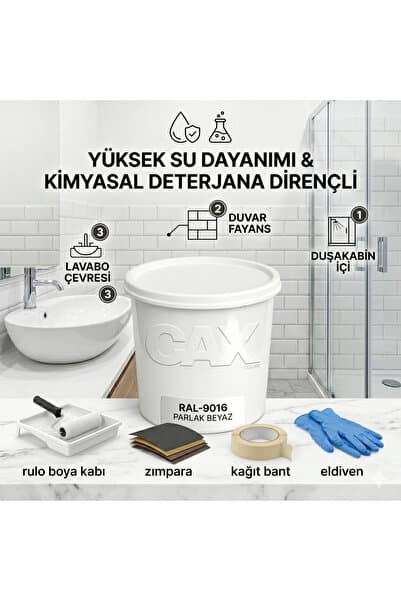 caxcolors CAX Colors Fayans Ve Duşakabin Boyası RAL-9016 BEYAZ 1 LT - Yüksek Su Ve Deterjan Dirençli (Hediye Setli)
