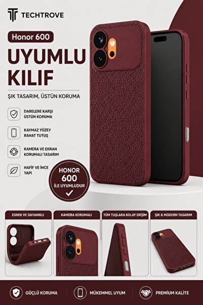 TechTrove Honor 600 Uyumlu Kılıf Deri Tasarımlı Kamera Korumalı Darbe Emici Kapak