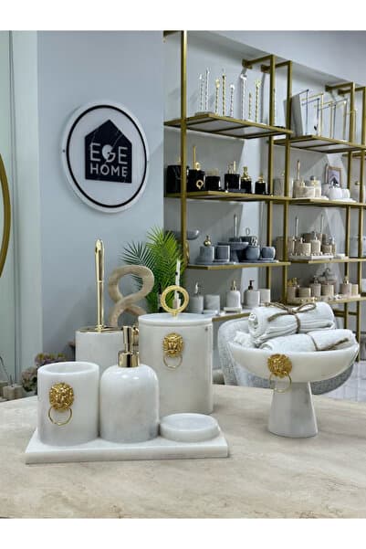 Ege Home Decoration DEKORATİF DOĞAL BEYAZ MERMER 7 PARÇA GOLD ASLAN DETAYLI BANYO SETİ
