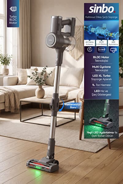 Sinbo SVC-8642 Kablosuz Dikey Şarjlı Süpürge 22.2V BLDC Motor LED Işıklı Turbo Başlık 1L Toz Hazneli