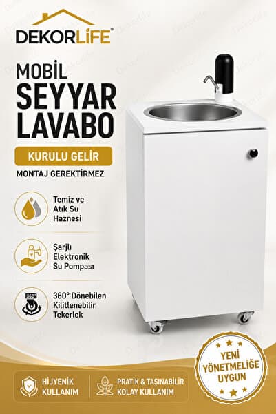 DekorLife Yeni Yönetmeliğe Uygun Seyyar Mobil Lavabo Paslanmaz Evyeli 10 L Çift Hazneli Şarjlı Musluklu Tekerlekli Lavabo