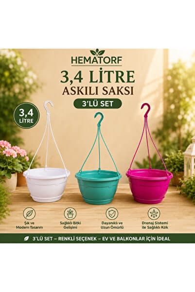 Hematorf Renkli Makrome Askılı Saksı 3 adet- 3,4 litre