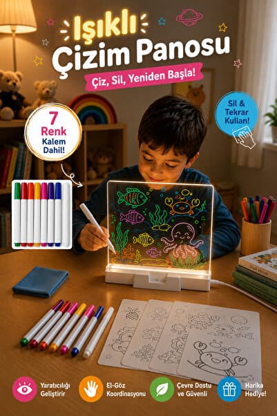 Minolio LED Işıklı Çizim ve Boyama Tahtası 30x20 Büyük Boy 7 Kalem Hediyeli