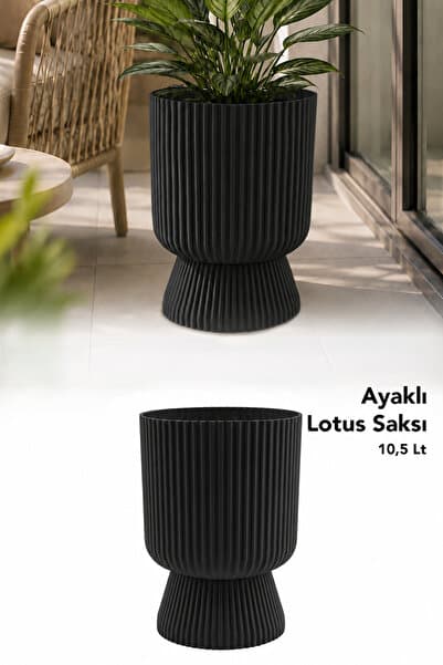 Meleni Home Ayaklı Dekoratif Lotus Saksı - Plastik İç ve Dış Mekan Kullanım Çiçek Bitki Saksısı 10,5Lt Siyah
