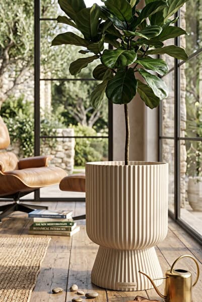 TEMMUZ HOME 1 Adet 10.5 Litre Büyük Boy Çizgili Ayaklı Saksı - Lotus 3 No (Deliksiz Bir Saksıdır)