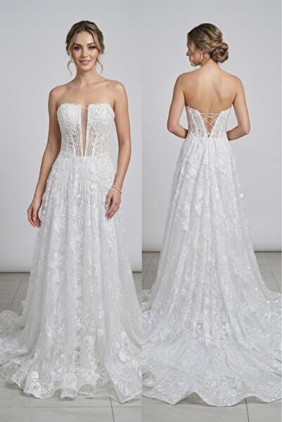 JABO WEDDİNG HOUSE GELİNLİK BÜSTİYERİ TRANSPARAN KRİSTAL TAŞ İŞLEME BELDEN ALTI DANTEL DETAYLI GELİNLİK