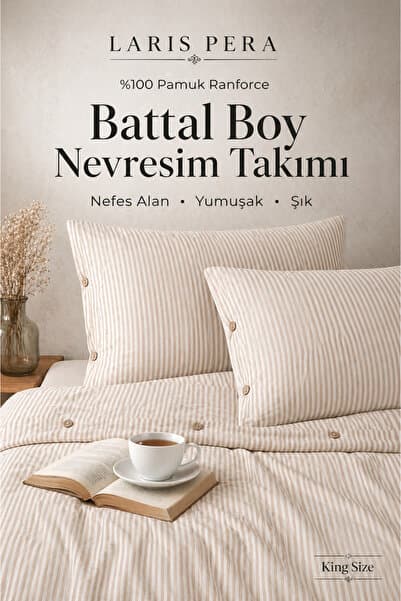 Larispera Laris Pera %100 Pamuk Ranforce Bej Battal Boy Çizgili Nevresim Takımı Düğmeli King Size