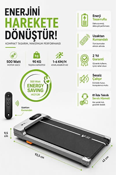 VFİT V-Fit Flat Koşu Bandı 34x79 cm Minimal Yürüyüş Bandı Uzaktan Kumandalı & Eğimli