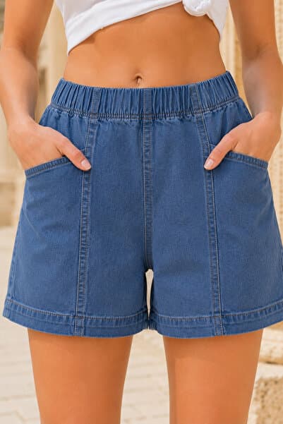 CEDY DENIM - Kadın Yazlık İnce Kumaş Beli Lastikli Salaş Kesim Şort-C632-Mavi