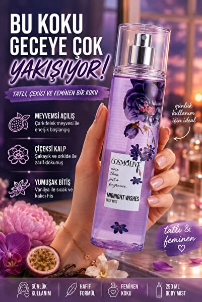 Cosmolive Vücut Spreyi Body Mist | Bombshell | Midnight Wishes | Kadın | Işıltılı | Nemlendirici | 250 ml