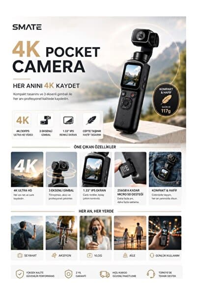 Smate 4K Pocket Camera Profesyonel Vlog Kamerası | Gimbal Özellikli Titreşim Önleyici | Otomatik Dönüş ve Yüz Takibi