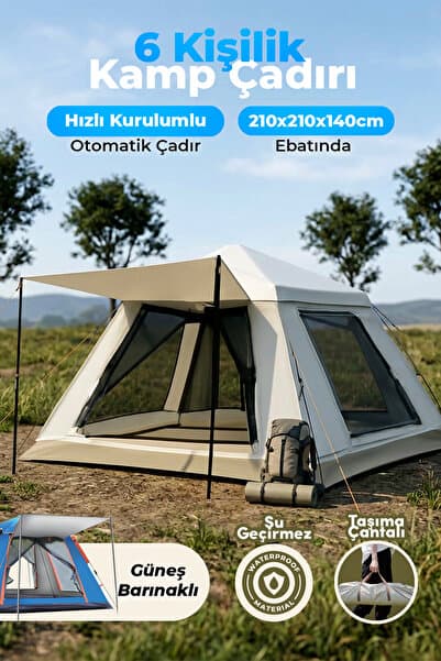 auhma Outdoor AC6636 6 Kişilik Otomatik Kamp Çadırı Krem 210x210x140 cm | Su Geçirmez Oxford Kumaş |