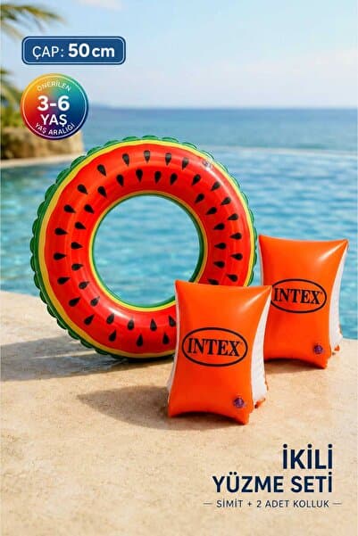 Fidan oyuncak Intex Karpuz Desenli Çocuk Can Simidi 50 cm ve Turuncu Kolluk İkili Yüzme Seti (3-6 Yaş - 15-30 Kg)