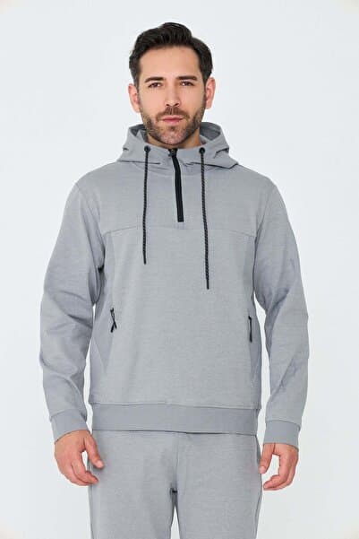 White Stone Gri Kapüşonlu Yarım Fermuarlı Yandan Cepli Erkek Sweatshirt