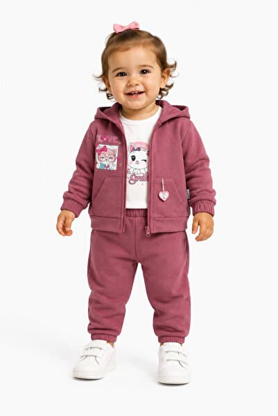 Chicsy Baby Kız Bebek 3'lü Kadife Takım Kapüşonlu Fermuarlı Hırka Body Pantolon Eşofman Takımı