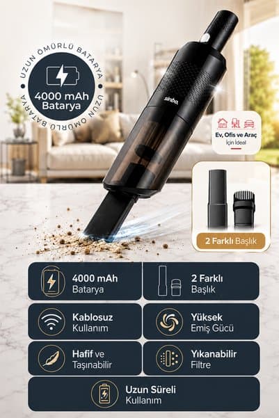 Sinbo SVC 8630 Pratic Şarjlı El Süpürgesi | 55W Güçlü Motor, HEPA Filtre, 4000 mAh Batarya