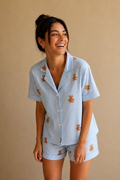 BELLA NOTTE Mavi Sevimli Ayıcık Desenli Çizgili Şortlu Kadın Pijama Takımı