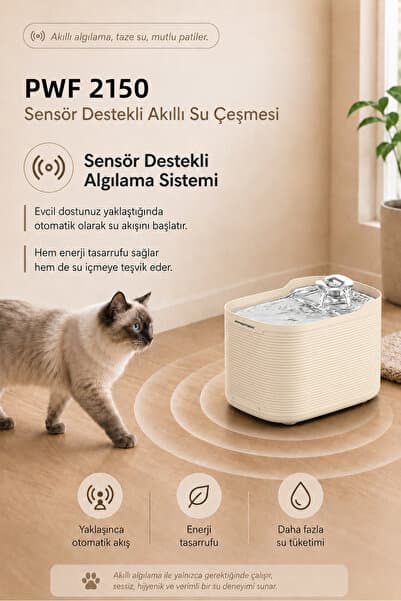 PREMIER Akıllı Otomatik Sensörlü Kedi Köpek Paslanmaz Çelik Su Çeşmesi 2,5L - Petmate Flowsense PWF 2150 - Krem