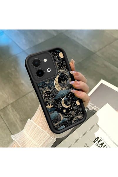 PATTERNOVA Vivo Y28 4G Uyumlu Vintage Altın Detaylı Ay Yıldız Kılıf, Moda Koruyucu Kapak