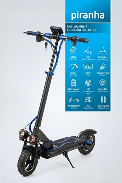 Piranha 5020M 800W Elektrikli Scooter | 48V 10.4Ah | 40 Km Menzil | Katlanabilir | LED Aydınlatma | Sinyal