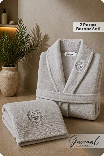 Güvenal Rüya 2 Parça Pamuk Nakışlı Bornoz Seti | Bornoz | Havlu | Çeyiz Seti - Gri