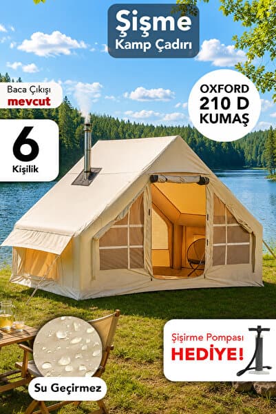 fischerone 6 Kişilik Çift Kapılı Çadır - Su Geçirmez Kolay Kurulum Kamp Outdoor Çadır Şişirme Pompası Hediye