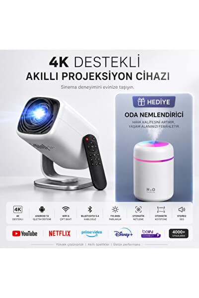 TARÇIN 4K Destekli Yeni Nesil Taşınabilir Akıllı Projektör -Oda Nemlendirici Hediyeli!- WiFi 6 Ultra Hızlı Bağlantı, Sinema Keyfi