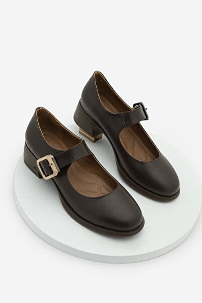 Marjin Kadın Loafer Tokalı Günlük Kalın Klasik Topuklu Ayakkabı Meniz Kahve