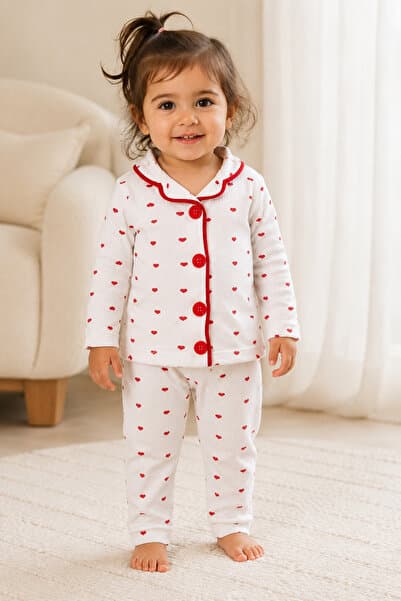 Mai Perla Kırmızı Minik Kalp Desenli Organik Pamuk 2'li Kız Bebek Pijama Takımı