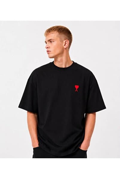 HZR wear Erkek Kalp Detaylı Arka Baskılı Oversize Kalın Yumuşak Kumaş Tişört
