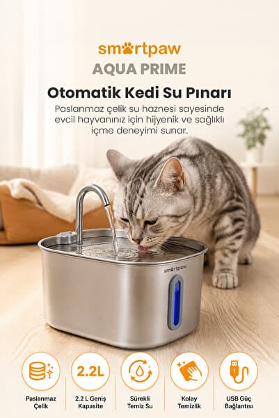 SMARTPAW Aqua Prime 2.2lt 304 Paslanmaz Çelik Kedi Su Pınarı LED Göstergeli (Distribütör Garantili)