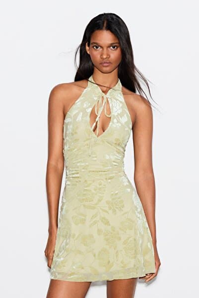 Bershka Flok baskılı mini tül halter elbise