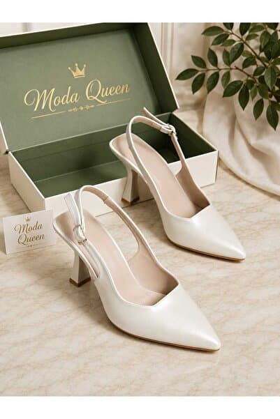 NewQueens Kadın Topuklu ayakkabı arkası açık toka detaylı Beyaz sedefli kadın stiletto
