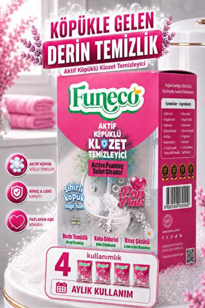 FUNECO Pop Pink – Klozet Tuvalet WC Temizleyici, 1 Kutu-4 Paket, Yeni Nesil Aktif Köpüklü, Ekolojik