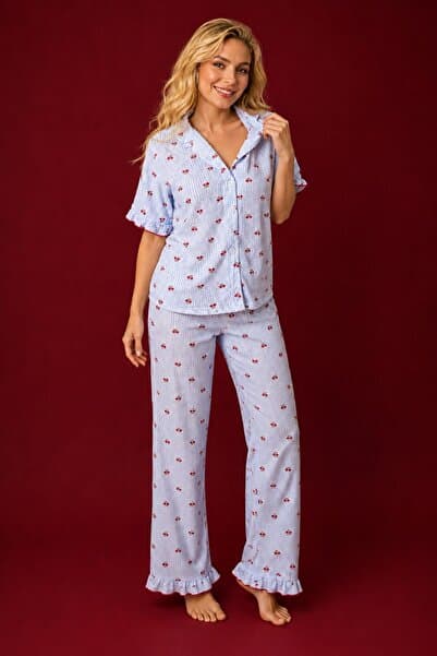 BELLA NOTTE Mavi Soft Kiraz Desenli Kısa Kollu Yazlık Pijama Takımı