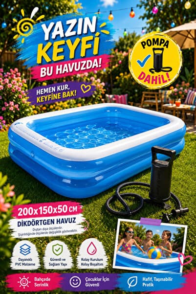 HAK İŞ OYUNCAK 200x150x50 Cm Dikdörtgen Şişme Havuz - 30 CM El Pompası Dahil