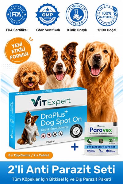 Vitexpert 2'li Set Köpek İç Dış Anti Parazit Tüm Köpekler İçin Bitkisel 5 Damla ve 2 Tablet Seti
